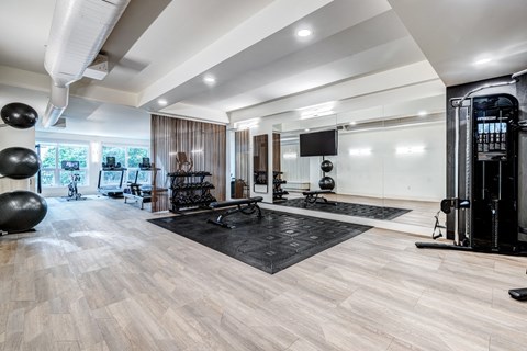 a home gym with weights and exercise equipment and a television