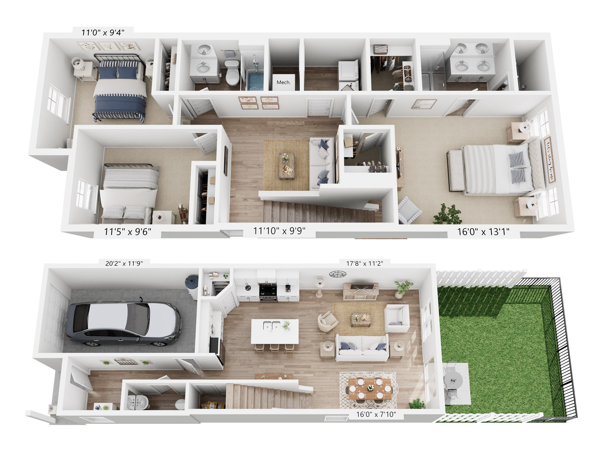 A diagram shows the layout of a two-story house with dimensions and furniture placement.
