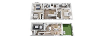 A floor plan of a two-story apartment with dimensions and a top-down view.