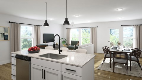 A modern kitchen with a dining table set for four.