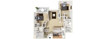 A 3D floor plan of a small apartment with a kitchen, living room, and bedroom.