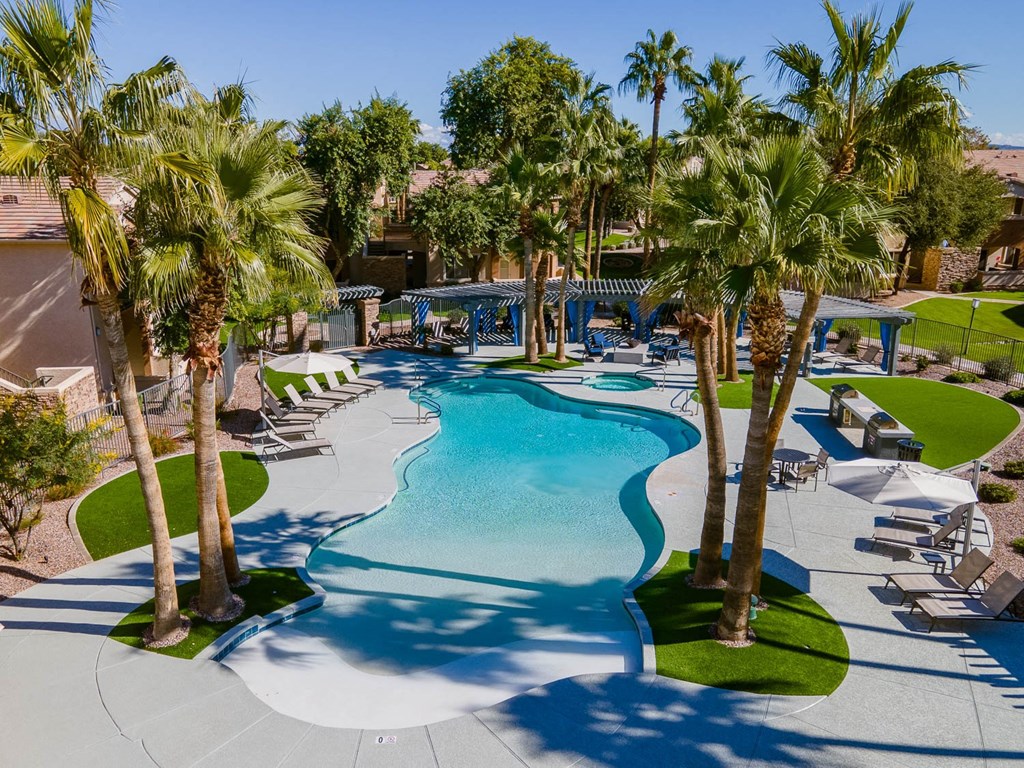 a large swimming pool with palm trees and lounge chairs