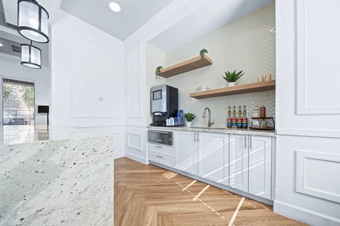 a white kitchen with a counter and a sink