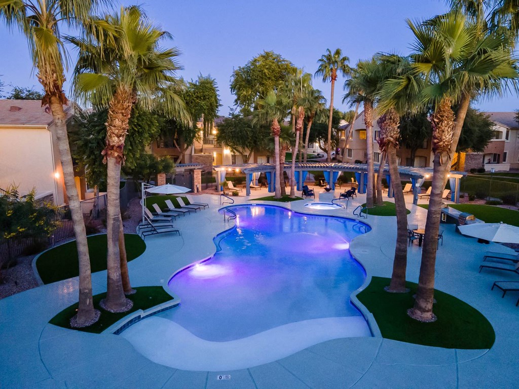 a large swimming pool surrounded by palm trees at night