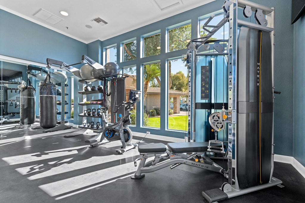 a gym with weights and cardio equipment and windows
