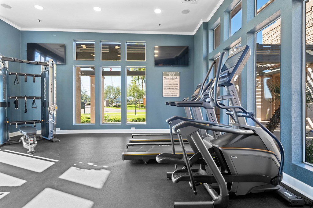 a gym with treadmills and weights in front of windows