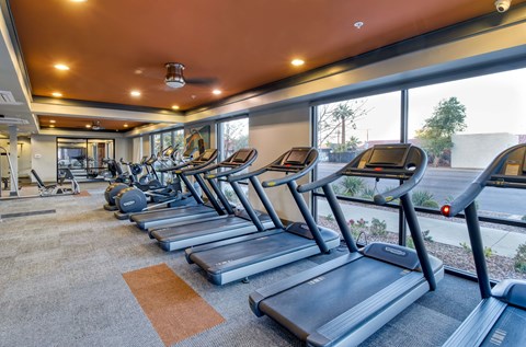 A gym with treadmills and other equipment.