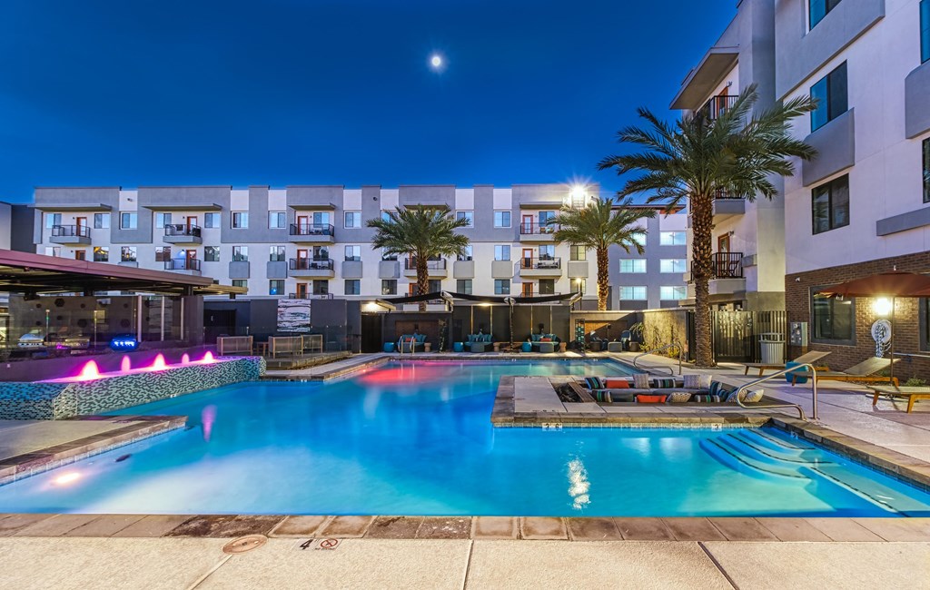 Swimming pool night view at 601 Pax, Phoenix, 85003