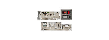 a stylized floor plan of a 3 bedroom apartment with a garage
