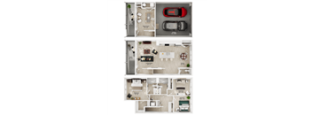 a 3 bedroom floor plan with a car and a garage