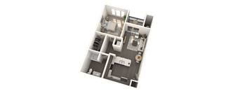 A 3D floor plan of a house showing a kitchen, living room, and two bedrooms.