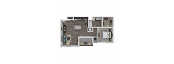 A 3D floor plan of a small apartment with a kitchen, living room, and bathroom.