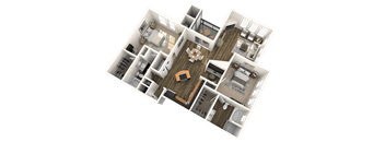 A 3D floor plan of a house with a living room, kitchen, dining room, and multiple bedrooms.