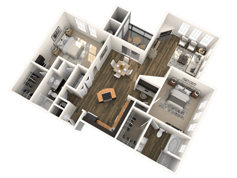 A 3D floor plan of a house with a living room, kitchen, dining room, and multiple bedrooms.