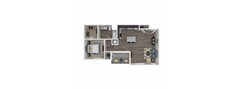 A floor plan of a small apartment with a kitchen, living room, and bathroom.