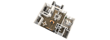 A 3D floor plan of a house with a kitchen, living room, and two bedrooms.