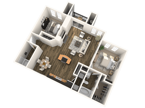 A 3D floor plan of a house with a kitchen, living room, and two bedrooms.