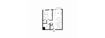 A floor plan of a small apartment with a balcony.