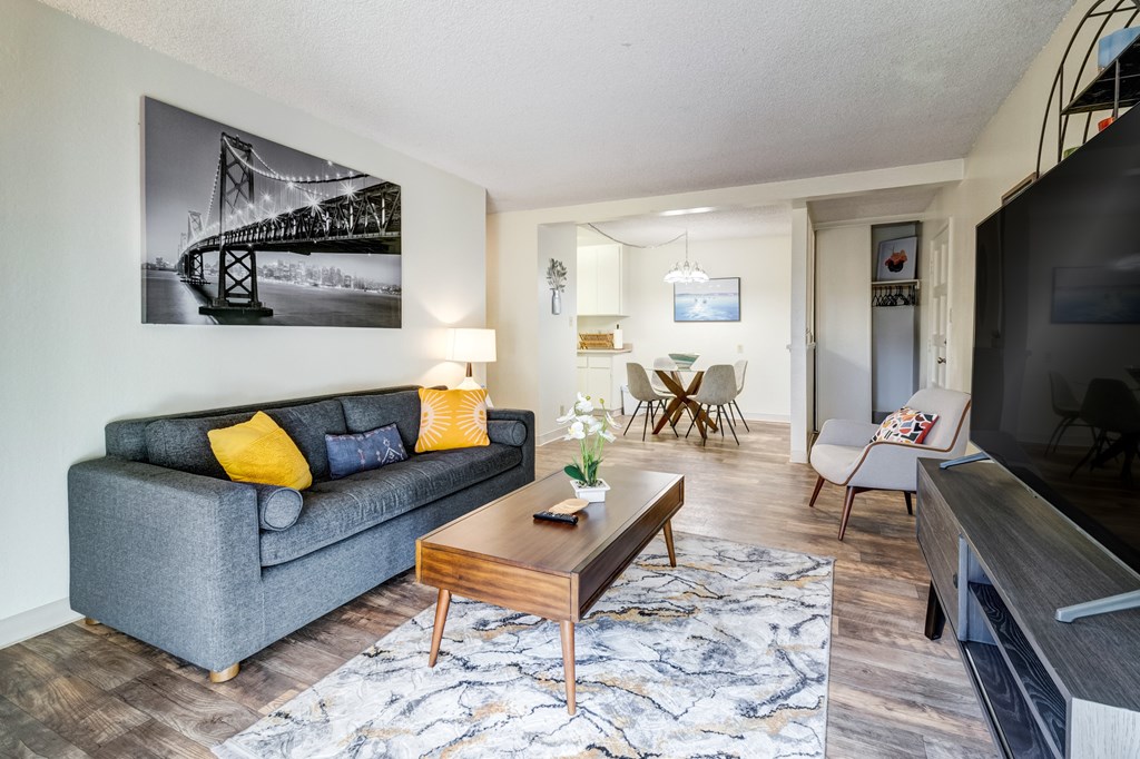A living room with a grey couch, a coffee table, and a television.