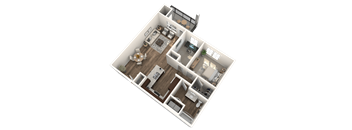 A 3D floor plan of a house with a kitchen, living room, and two bedrooms.