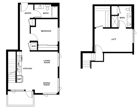 a floor plan of a small house with a bedroom and a staircase