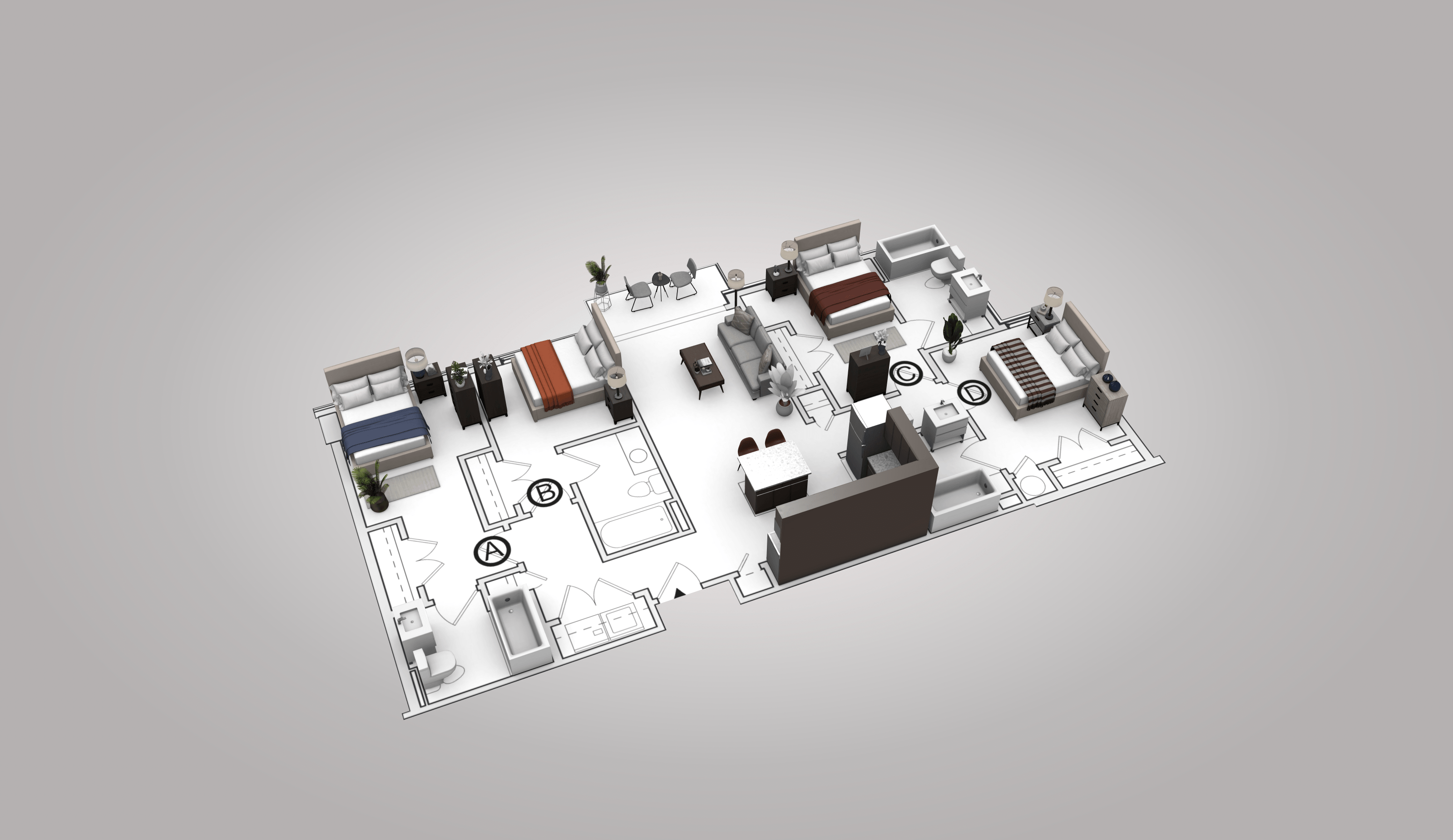 A 3D rendered image of a house layout.