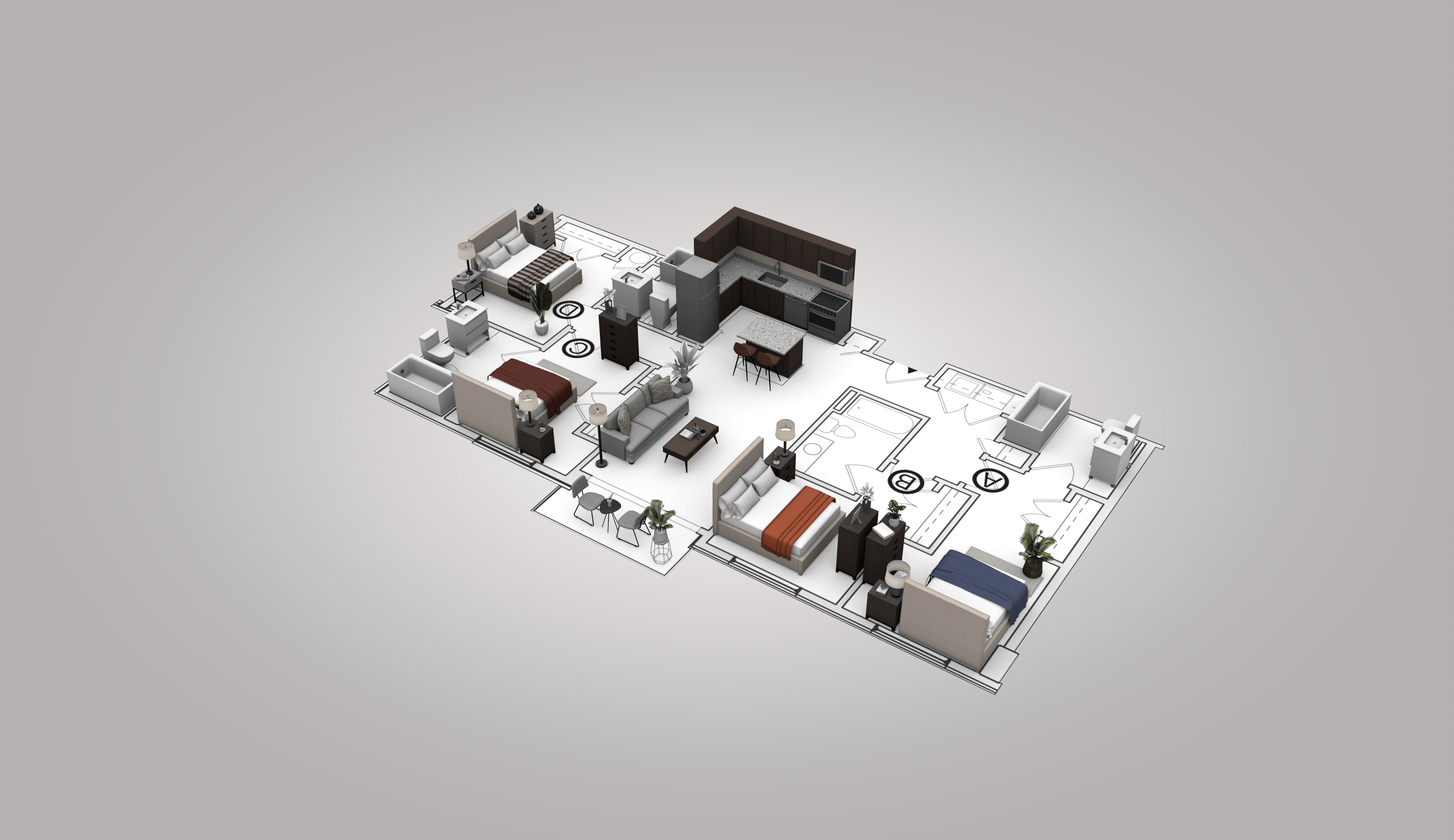 A 3D rendered image of a circuit board with various electronic components.
