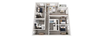 A top down view of a small apartment with a kitchen, living room, and bedroom.