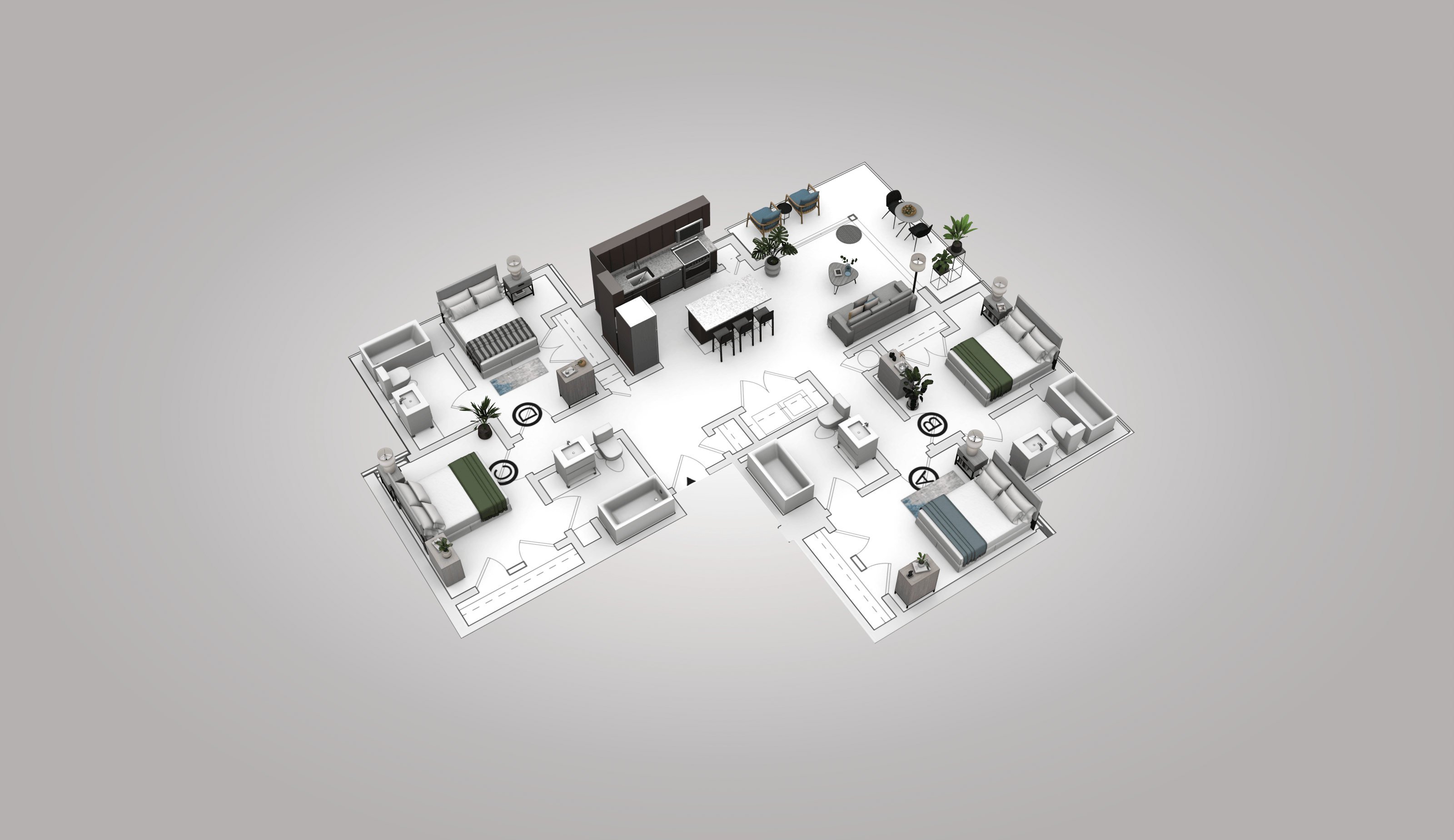 A 3D rendered image of a model of a building.