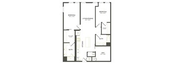 A floor plan of a house with two bedrooms, a living/dining area, a kitchen, a bath, and a den.