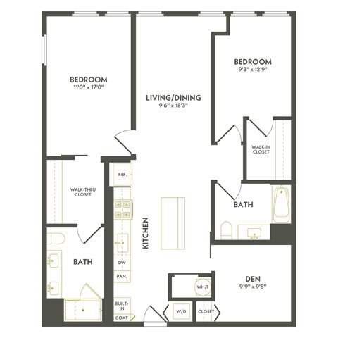 A floor plan of a house with two bedrooms, a living/dining area, a kitchen, a bath, and a den.