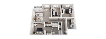 A top-down view of a well-organized apartment with a living room, kitchen, and bedrooms.