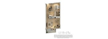 A floor plan of a two-bedroom apartment with a living room, kitchen, and bathroom.