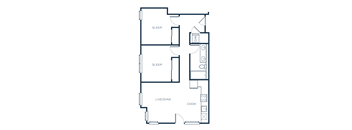 A floor plan of a house with labeled rooms including sleep, live/dine, and cook.