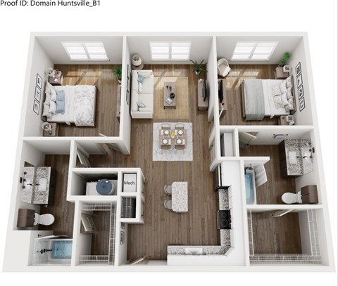 A floor plan of a two-bedroom apartment with a kitchen and bathroom.