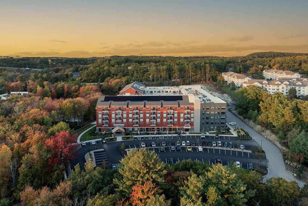 an aerial view of a hotel surrounded by trees