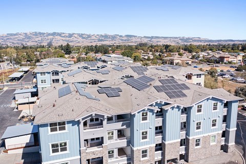 a group of houses with solar panels on the roofs