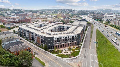 an aerial view of a building in a city