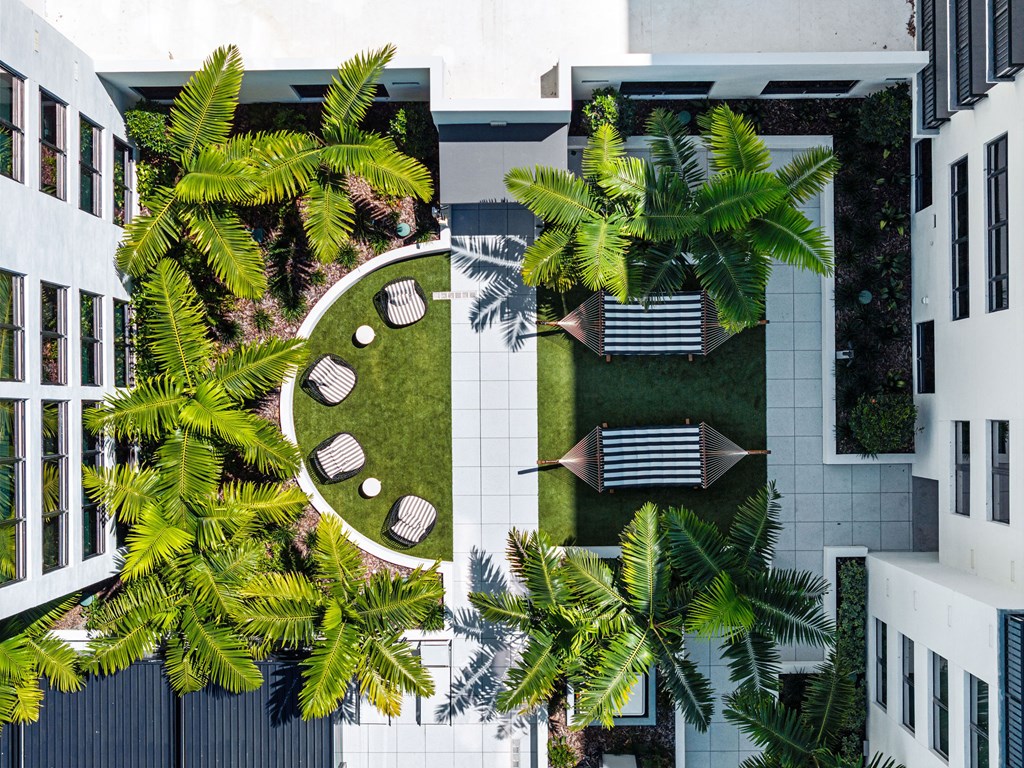 A courtyard surrounded by buildings with a green lawn and palm trees.