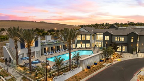 A luxurious resort with a swimming pool and palm trees.