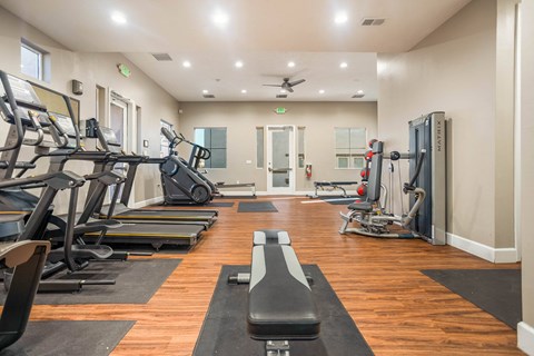 A gym with treadmills, elliptical machines, and weightlifting equipment.