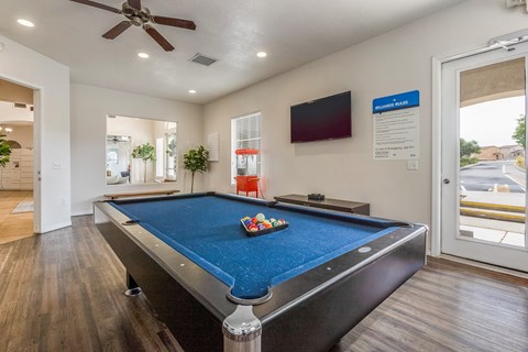 a game room with a pool table and a tv