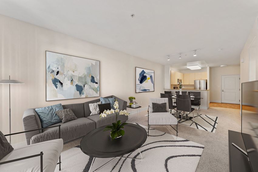 a living room with a couch and a table
