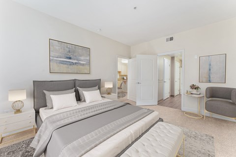 a bedroom with a large bed and a closet