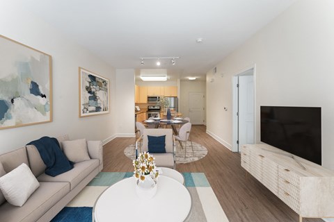 a living room with a couch and a table and a television