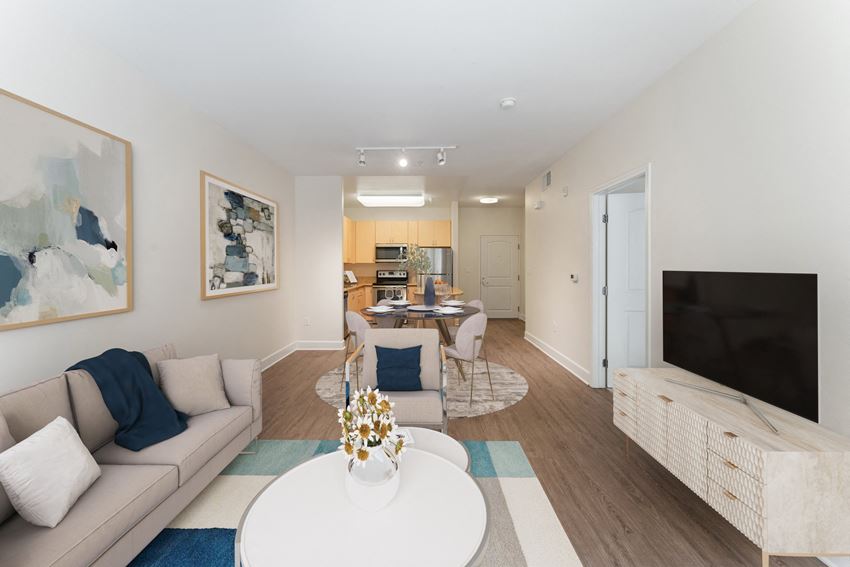 a living room with a couch and a table and a television
