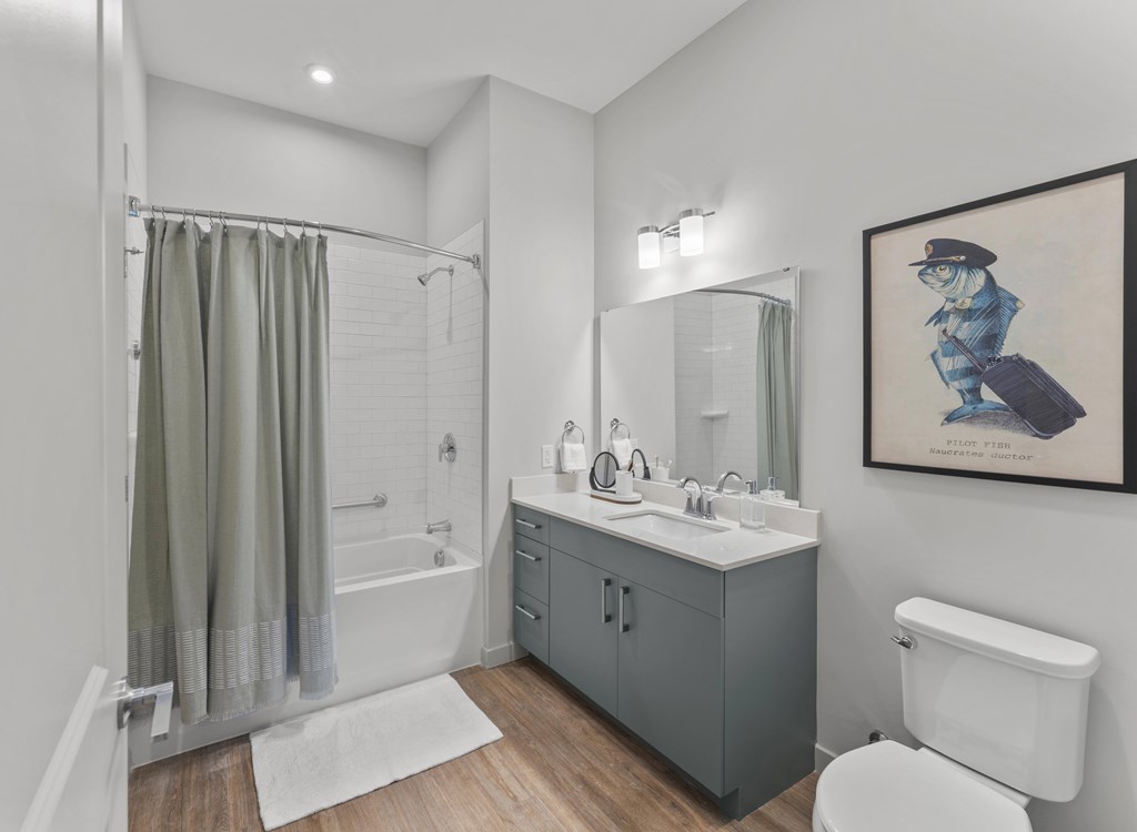 A bathroom with a white toilet, a sink with a mirror, a bathtub with a shower curtain, and a framed picture of a person on the wall.