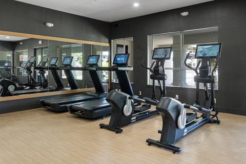 A gym with treadmills and elliptical machines.