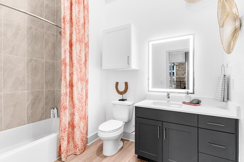 A bathroom with a white toilet, a white sink, and a shower with a red shower curtain.