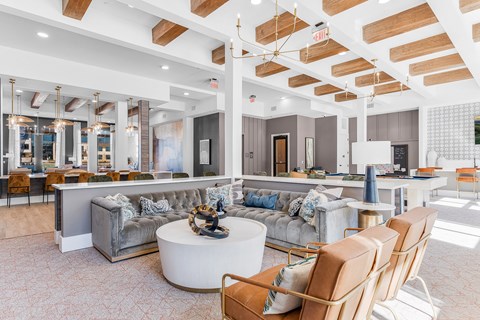 A modern living room with a grey sofa and a white coffee table.
